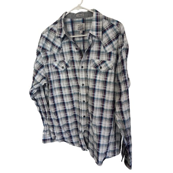 Moon Shine Spirit blue and red plaid snap front western shirt size L - Picture 7 of 7